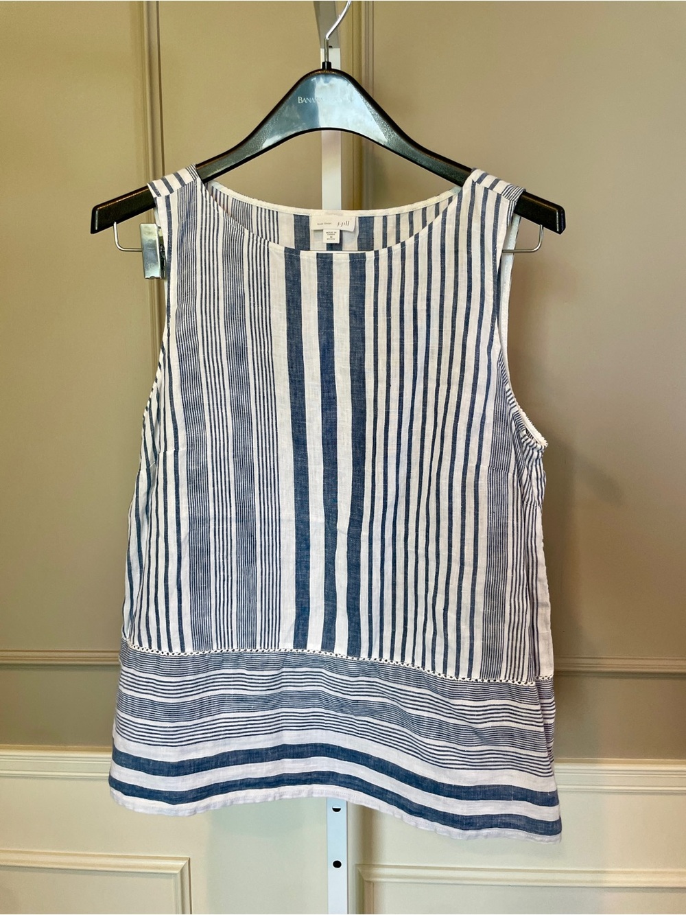 J. Jill Love Linen Medium Petite Striped Sleeveless Top Shirt Blue White Coastal
